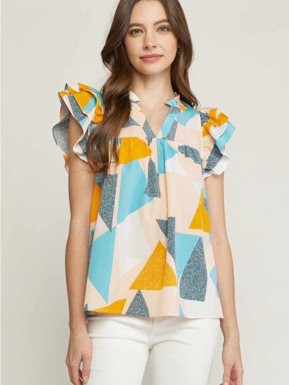 Entro Spring Abstract Geometric Spring Blouse Top Yellow & Blue